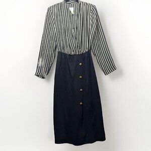 Vintage Popovich Dress Womens Size 10 Black Striped Secretary Long Sleeve Work